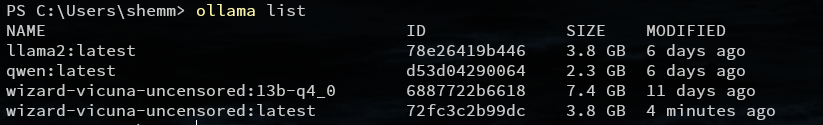 ollama list output